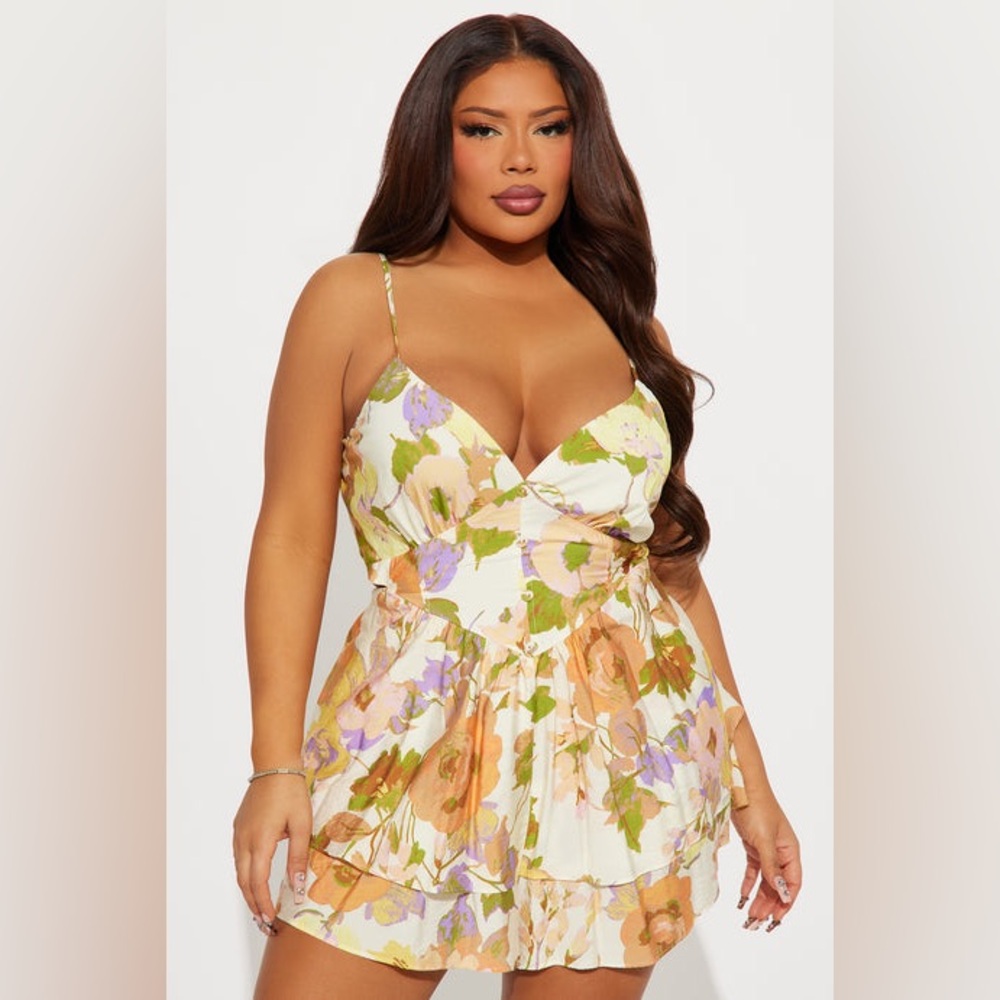 Fashion Nova Floral Romper in Cream, Orange & Purple